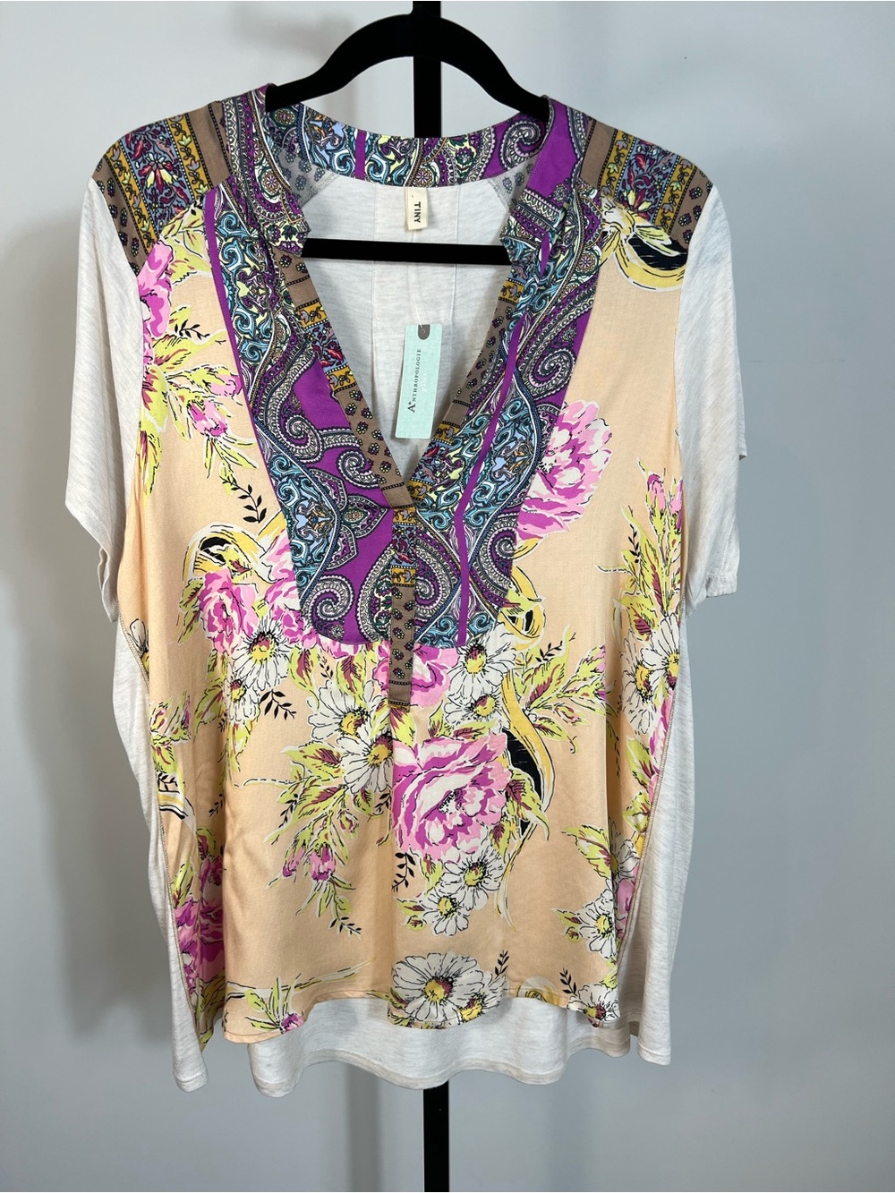 Anthropologie Tiny Relaxed V-Neck Floral Paisley Como Patchwork Top 1X NWT